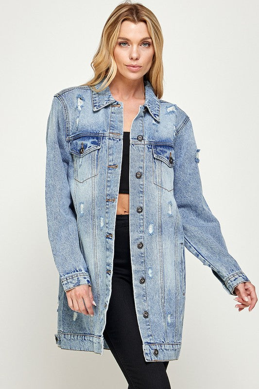 DISTRESSED DENIM 3/4 QUARTER JACKET