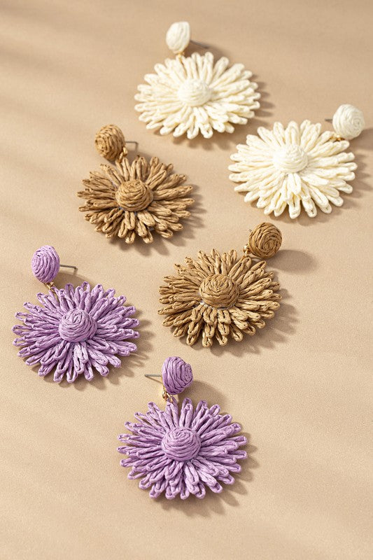 Raffia Straw Flower Drop Earrings