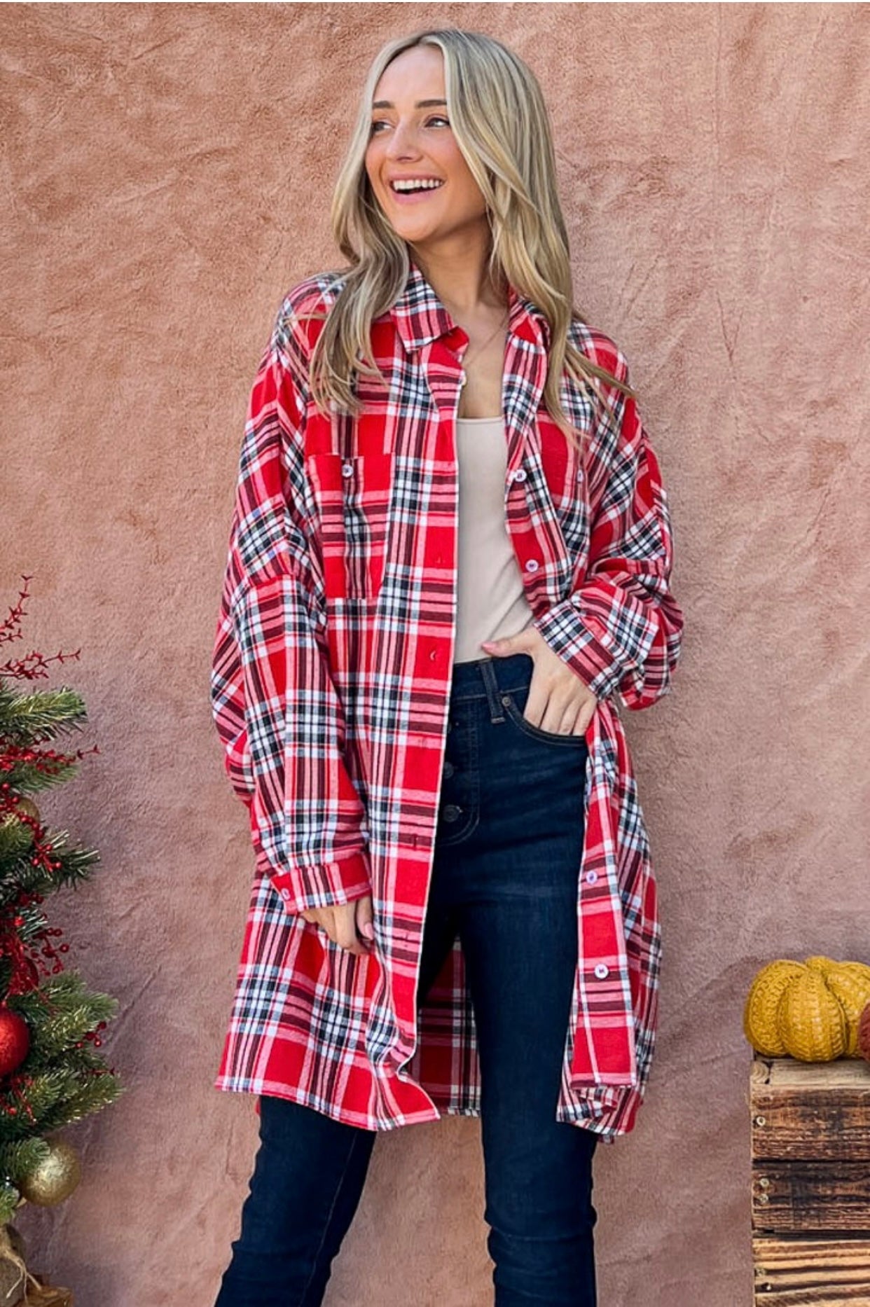 Washed Plaid Oversized Shirt Dress