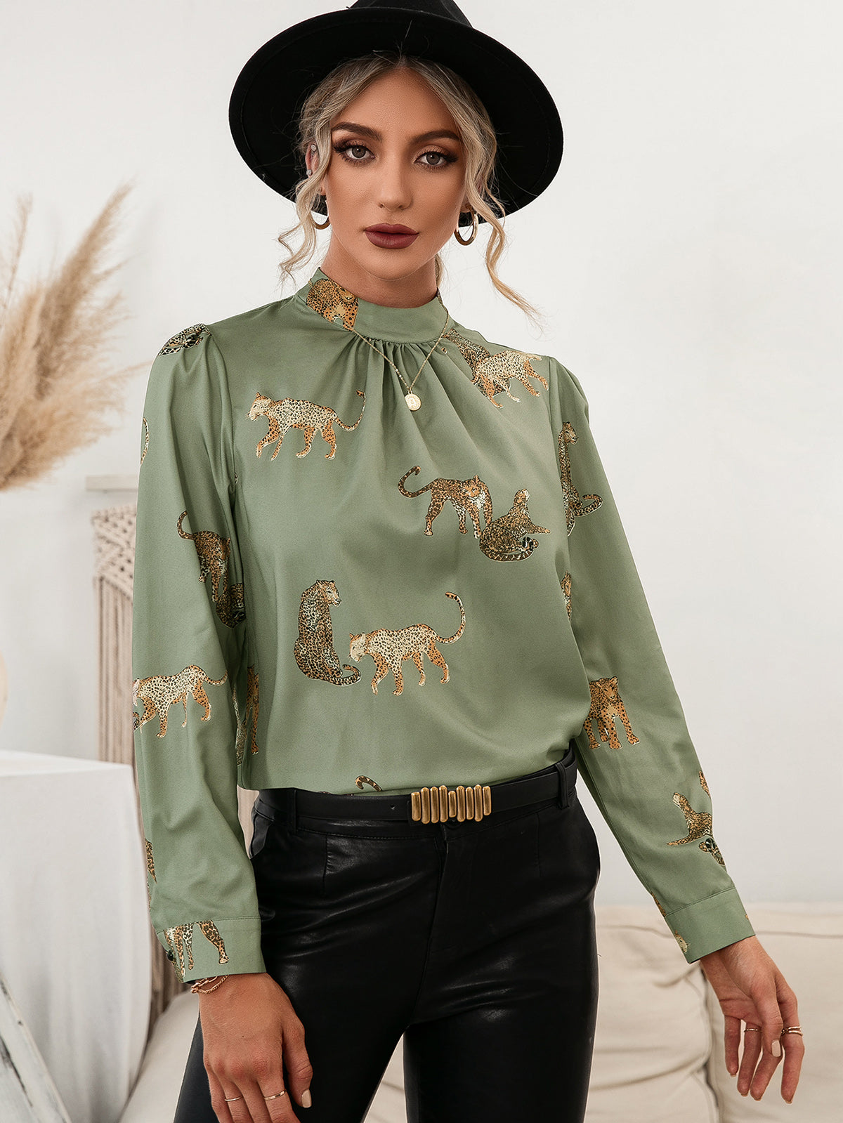 Leopard Mock Neck Puff Sleeve Blouse