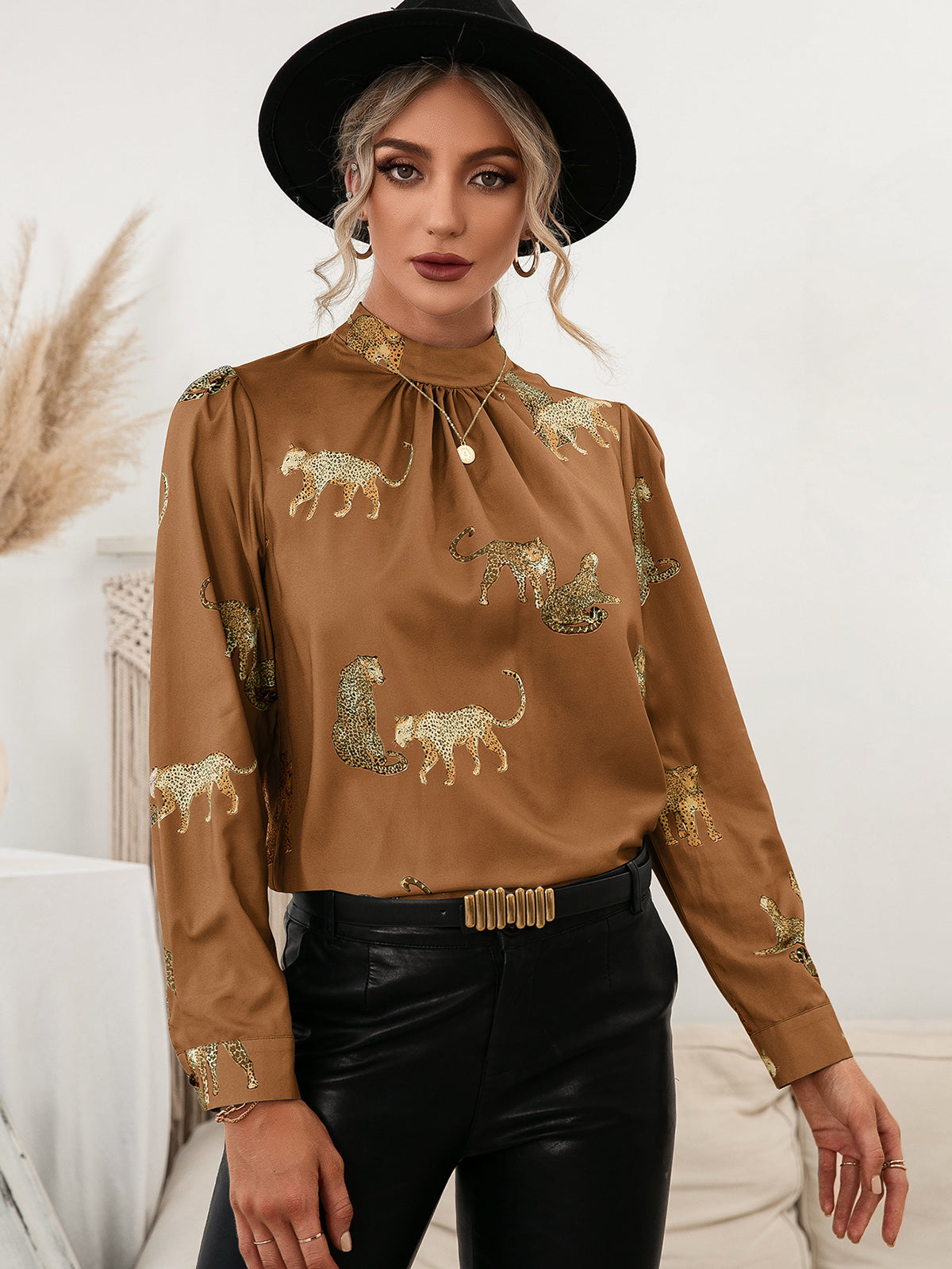 Leopard Mock Neck Puff Sleeve Blouse