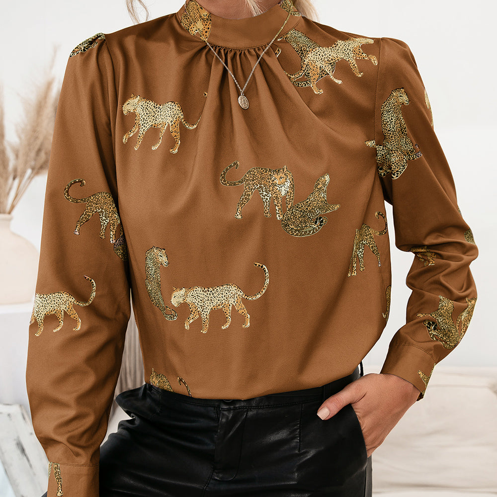 Leopard Mock Neck Puff Sleeve Blouse