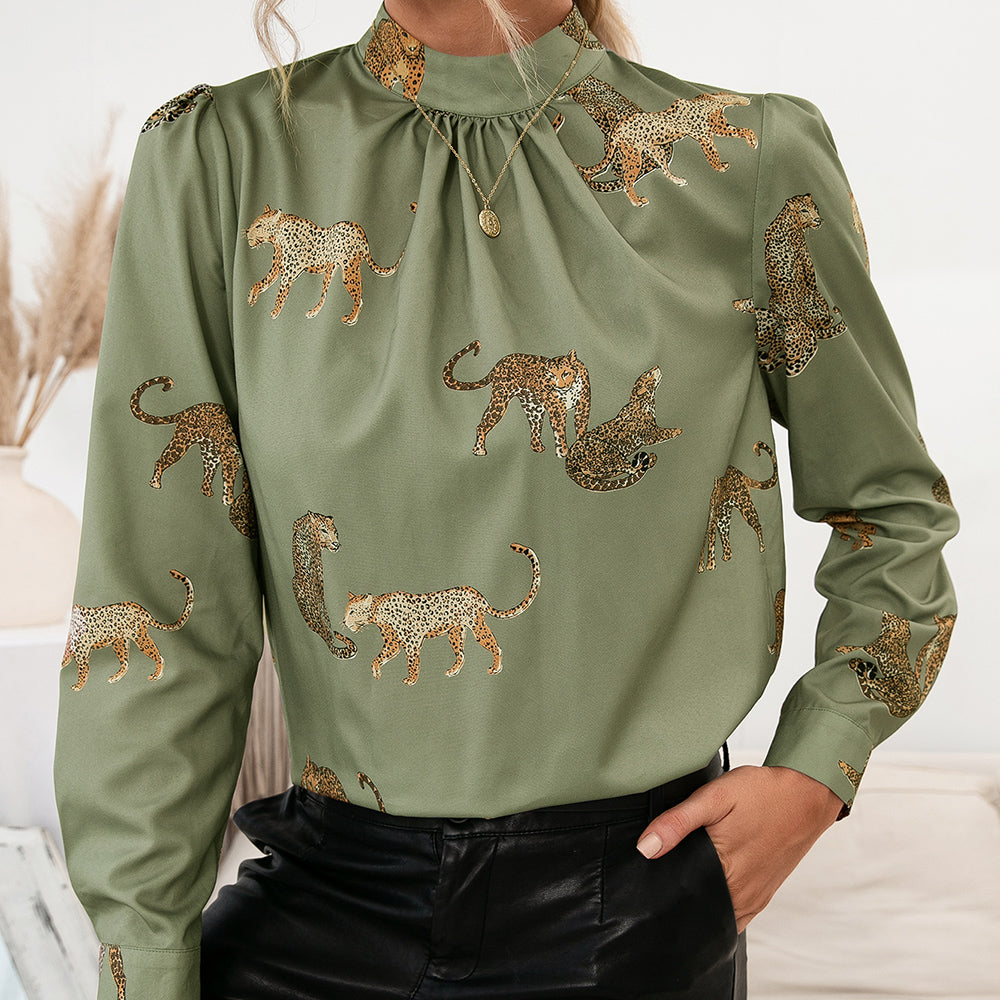 Leopard Mock Neck Puff Sleeve Blouse