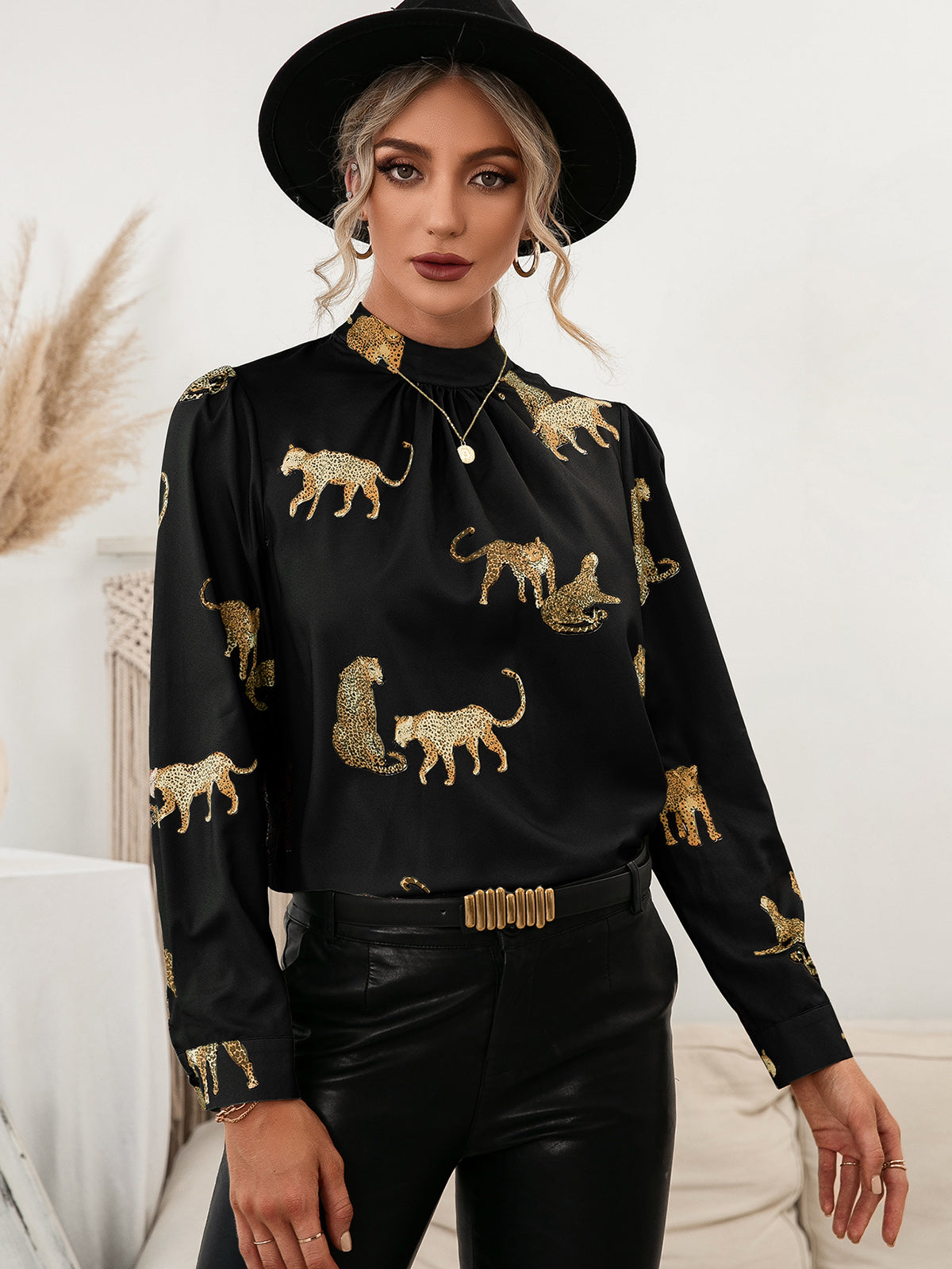 Leopard Mock Neck Puff Sleeve Blouse