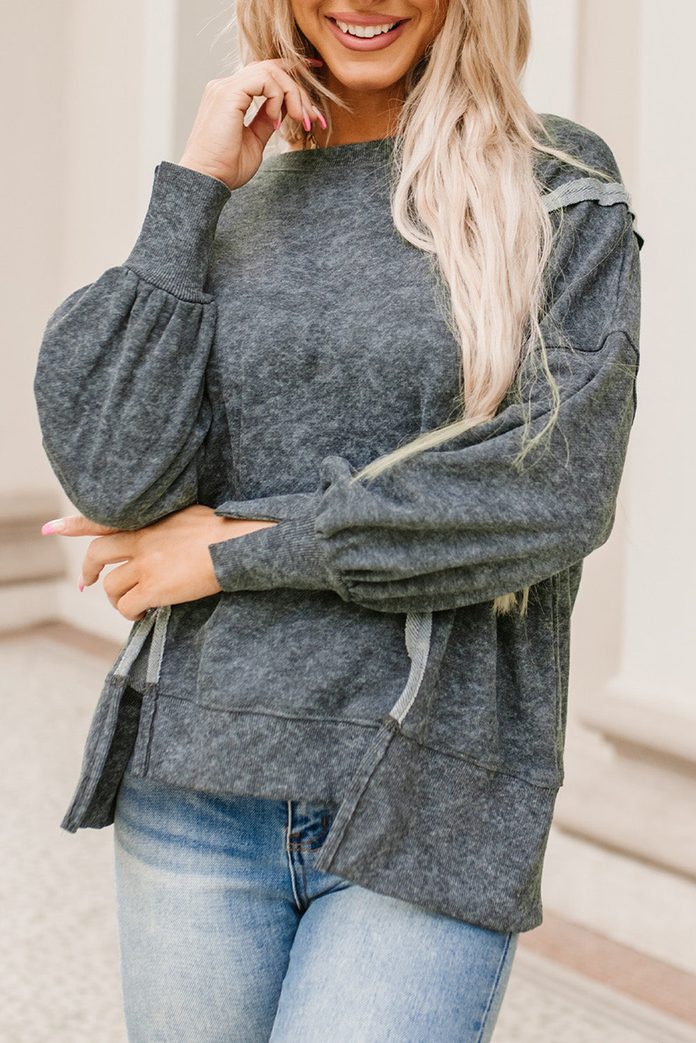 Double Take Acid Wash Slit Sweatshirt