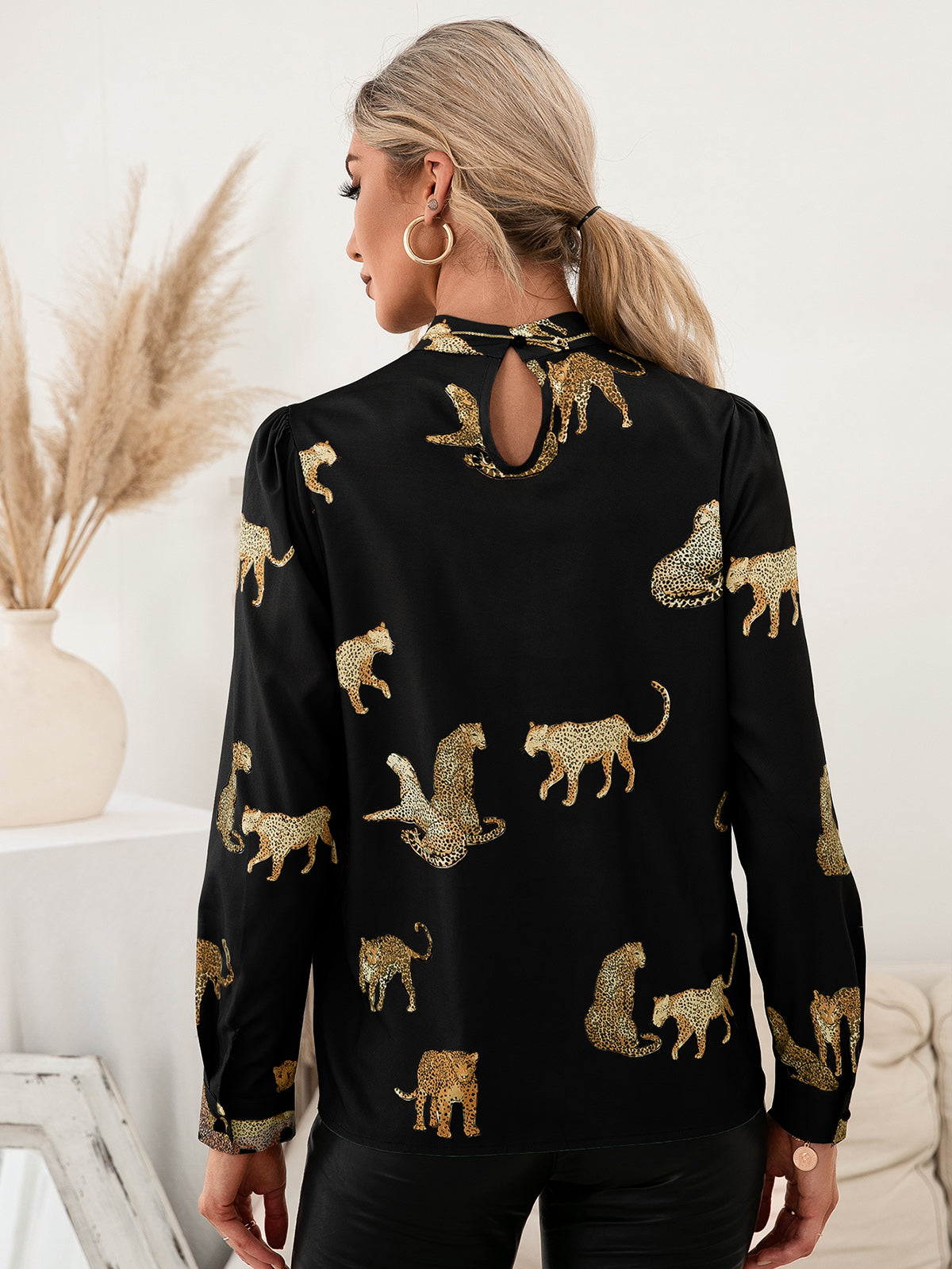 Leopard Mock Neck Puff Sleeve Blouse