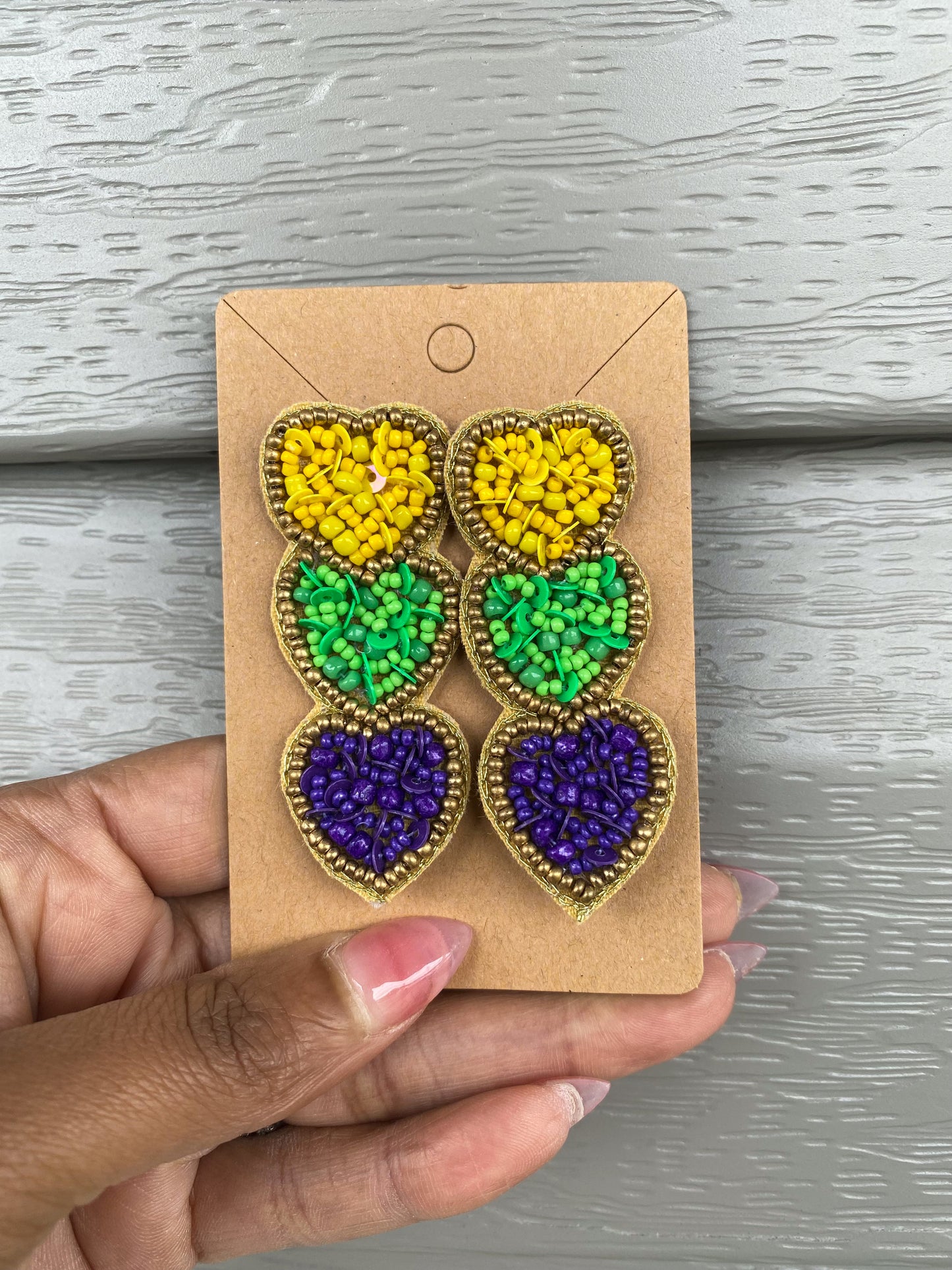 Mardi Gras Triple Heart Bead Earrings